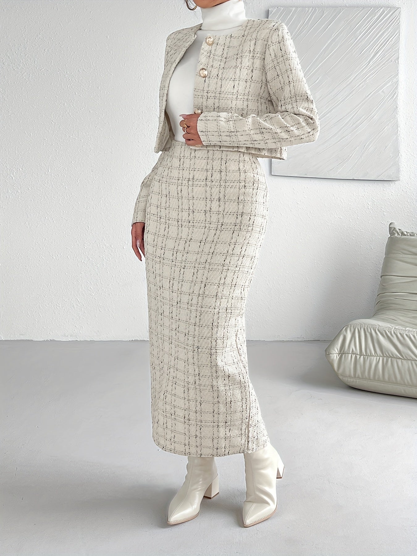 2 Pcs Tweed Jacket & Sheath Knit Skirt Set