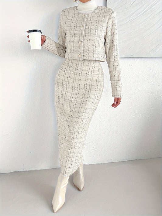 2 Pcs Tweed Jacket & Sheath Knit Skirt Set