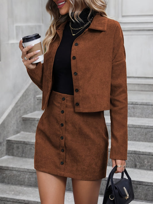 Elegant French-Inspired Corduroy Jacket & Button-Front Skirt Set